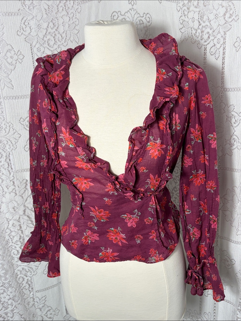 Free People Plum Floral Ruffled Wrap Blouse